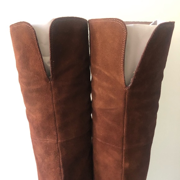 Steve Madden Lucca Pieced Suede Over the Knee Stacked Heel Boot, Cognac 9.5 - Picture 10 of 12